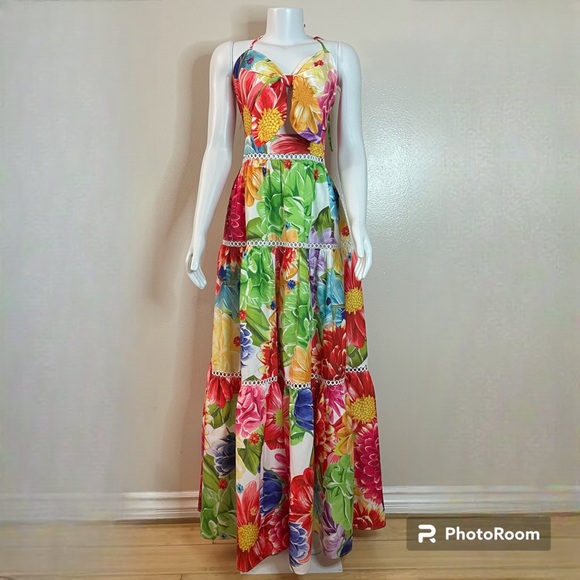L'ATISTE Dresses & Skirts - Bohemian floral print halter neck bow at front cutout maxi dress